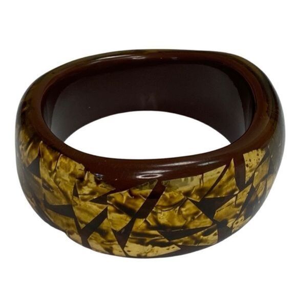 Vintage Chunky Lucite Bangle Bracelet Chocolate Brown w/Embedded Gold‎ Confetti - Picture 5 of 10